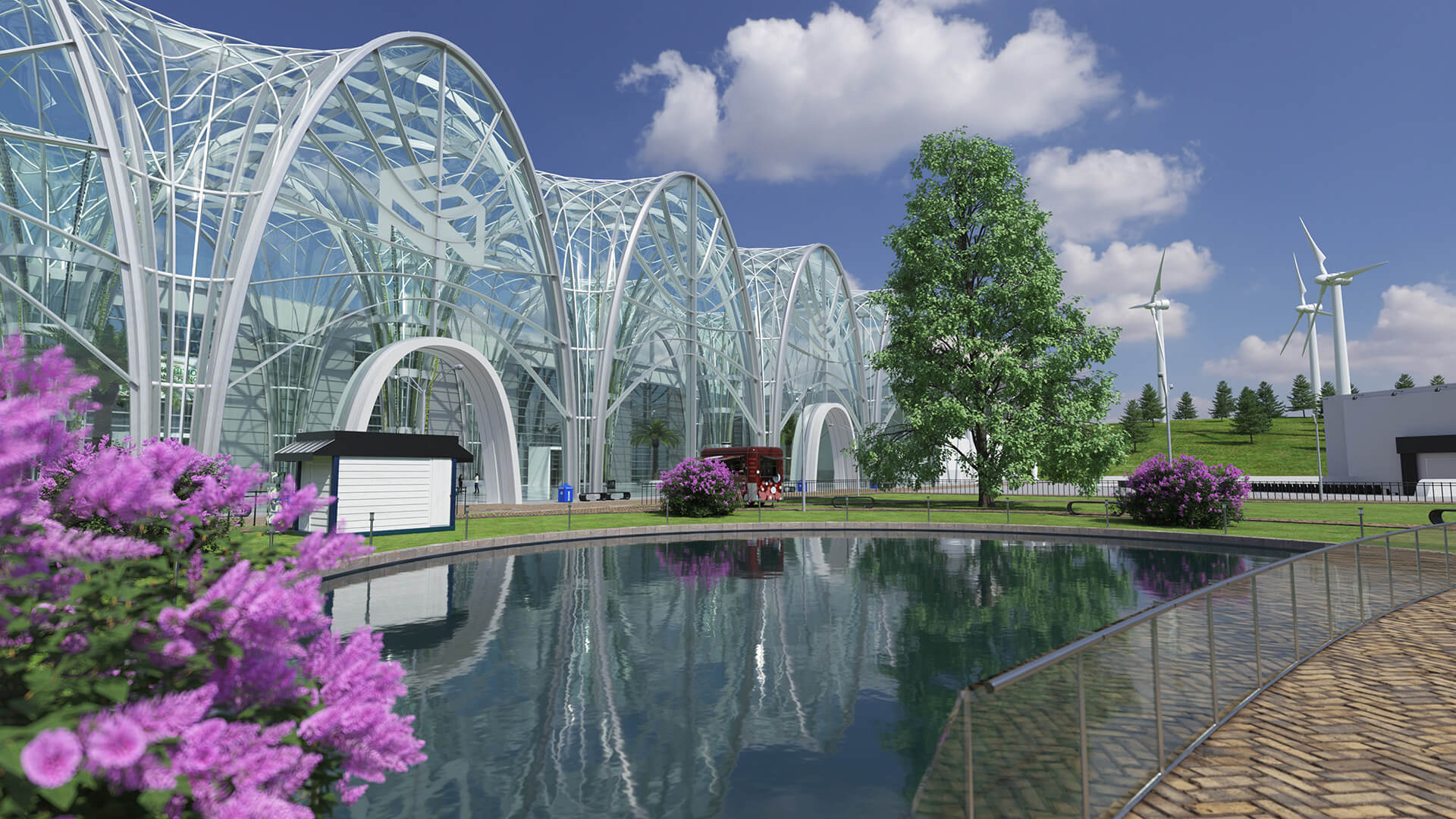 V-Ex-SEP-Sustainability-Event-Park-online-venue-park-view 3D render of a park with a glass-structure building and wind turbines in the background